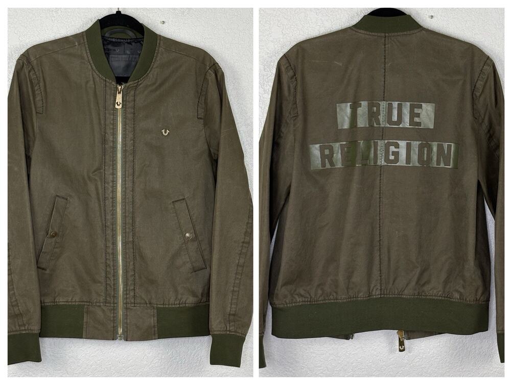True Religion Men’s Bomber Jacket Waxed Cotton Blend Olive Green Size S